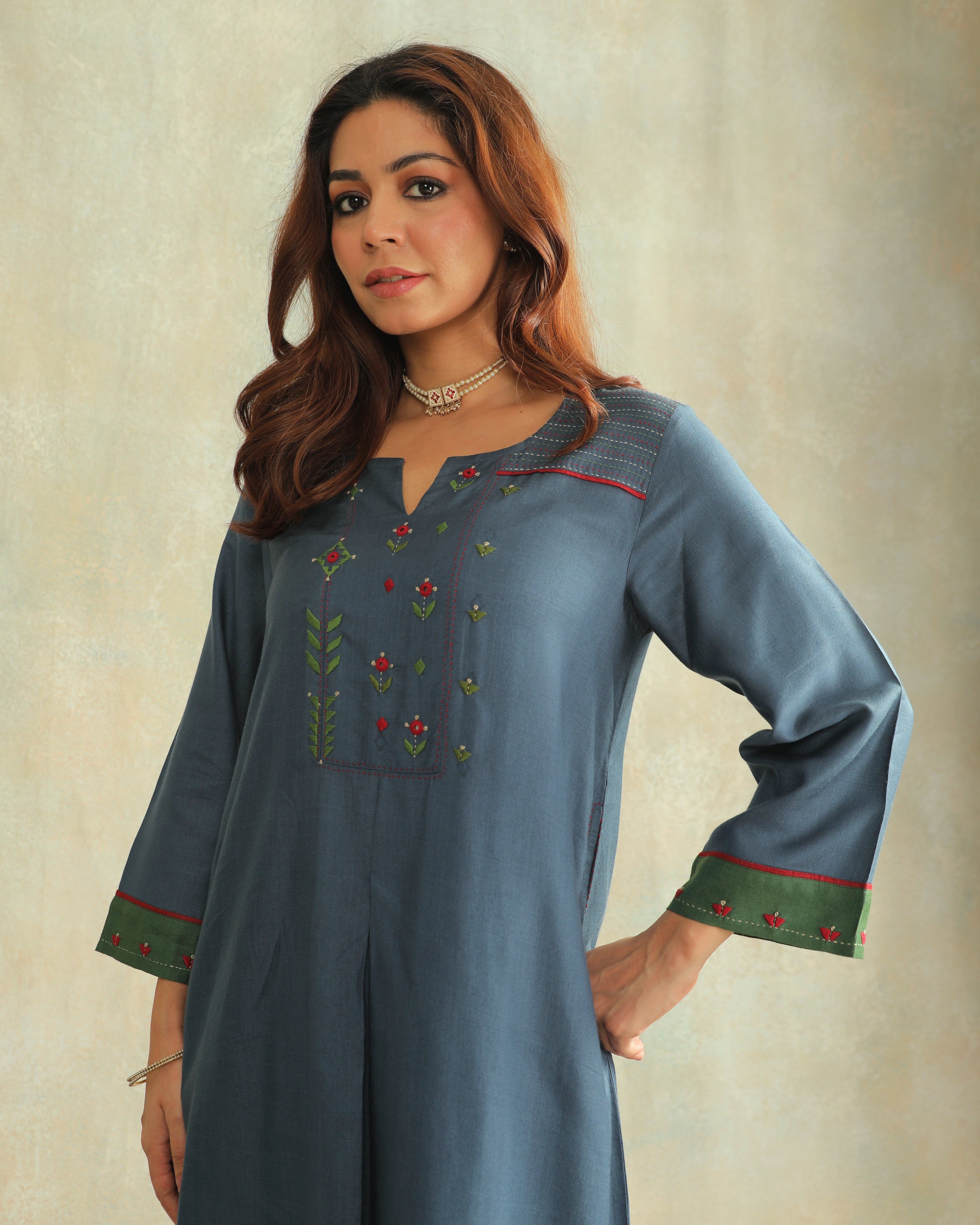 Pratha Blue Flared Cotton-Silk Kurta With Soof Hand Embroidery