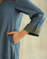 Pratha Blue Flared Cotton-Silk Kurta With Soof Hand Embroidery