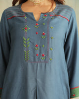 Pratha Blue Flared Cotton-Silk Kurta With Soof Hand Embroidery