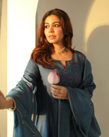 Pratha Blue Flared Cotton-Silk Kurta With Soof Hand Embroidery