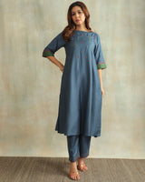 Pratha Blue Round-Neck Cotton-Silk Kurta With Soof Hand Embroidery