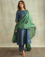 Pratha Blue Round-Neck Cotton-Silk Kurta With Soof Hand Embroidery