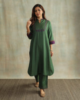 Pratha Green A-Line Cotton-Silk Kurta With Soof Hand Embroidery