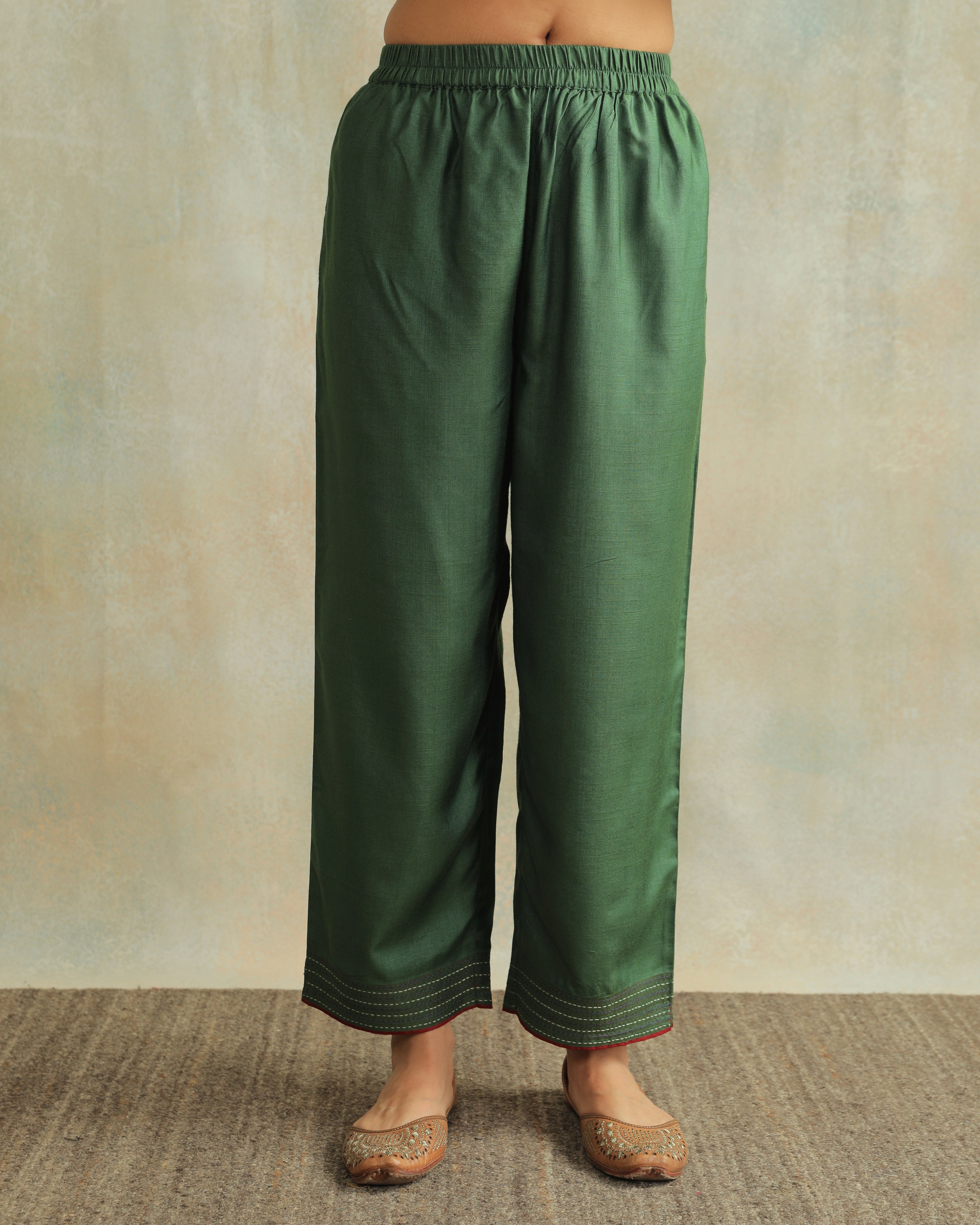 Pratha Green Straight-Fit Cotton Silk Pant With Soof Hand Embroidery