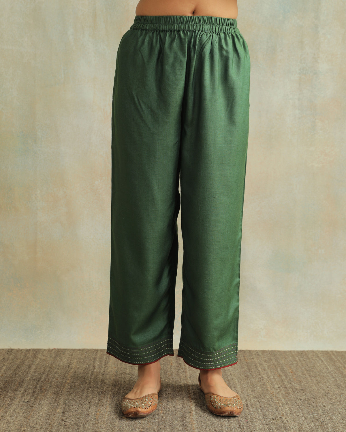 Pratha Green Straight-Fit Cotton Silk Pant With Soof Hand Embroidery