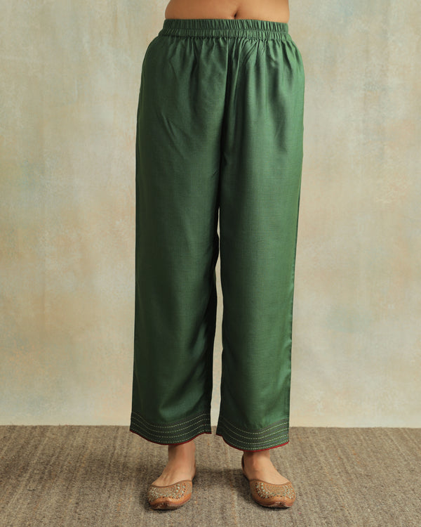 Pratha Green Straight-Fit Cotton Silk Pant With Soof Hand Embroidery