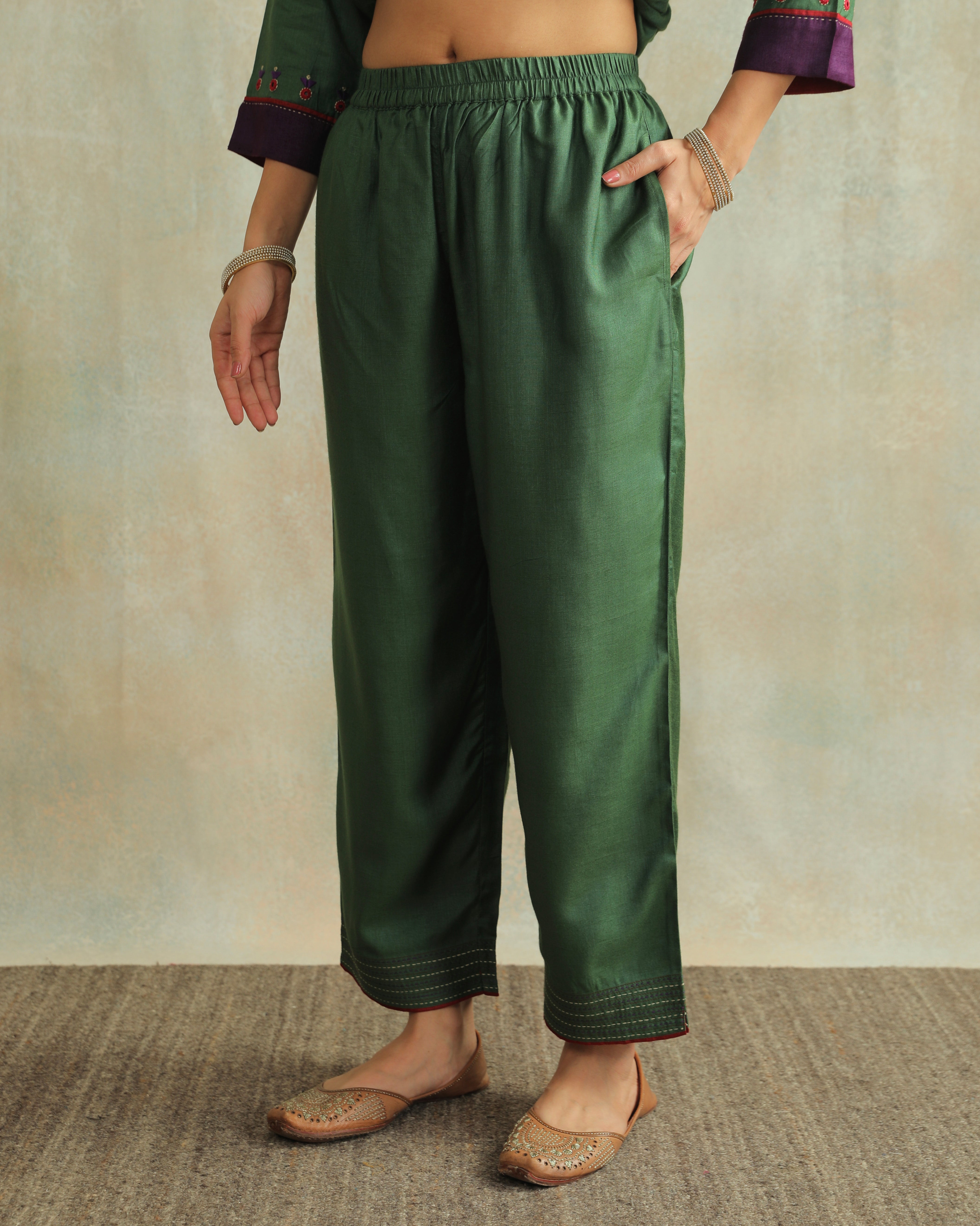 Pratha Green Straight-Fit Cotton Silk Pant With Soof Hand Embroidery