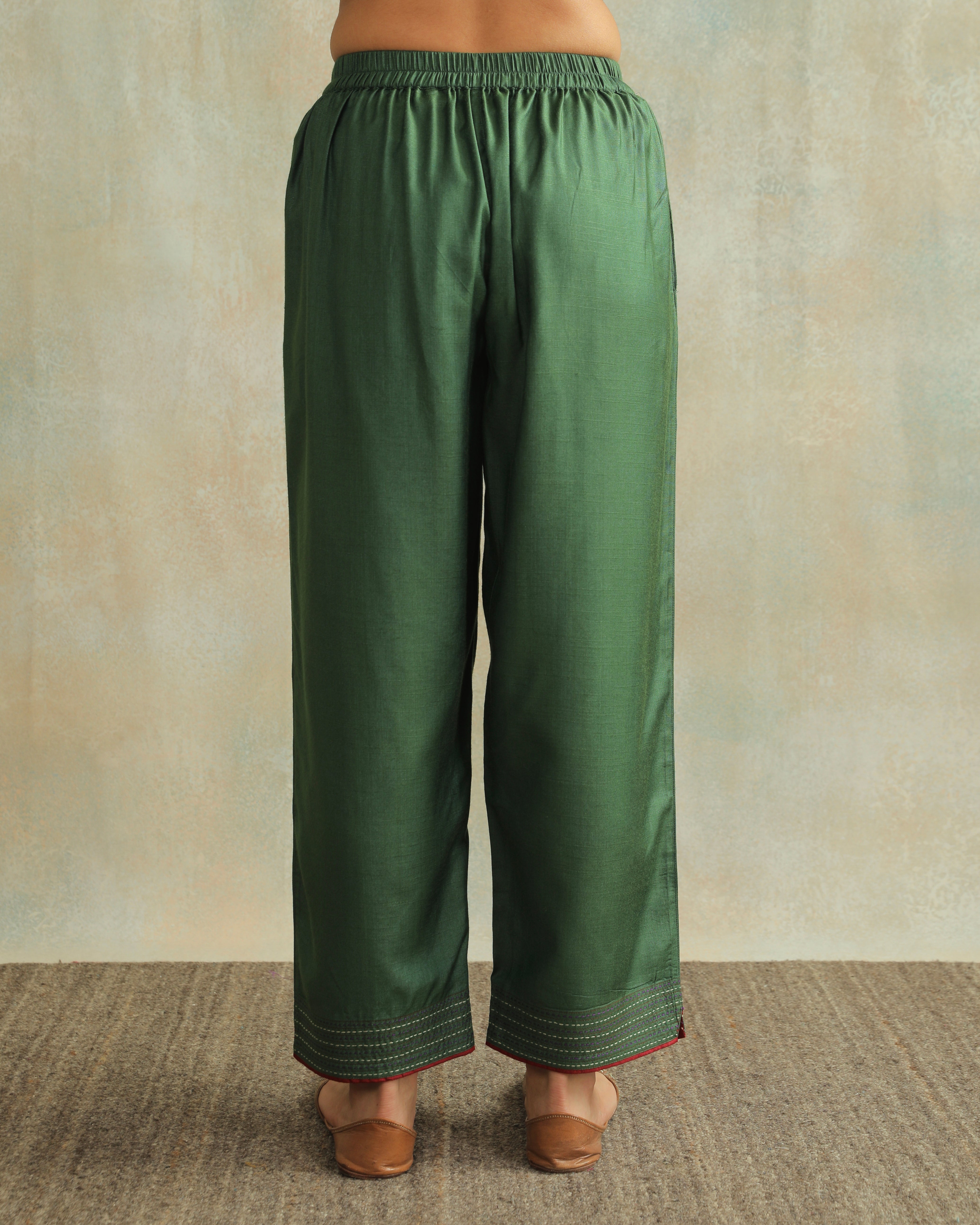 Pratha Green Straight-Fit Cotton Silk Pant With Soof Hand Embroidery