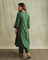 Pratha Green A-Line Cotton-Silk Kurta With Soof Hand Embroidery