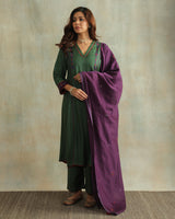 Pratha Green V-Neck Cotton-Silk Kurta With Soof Hand Embroidery