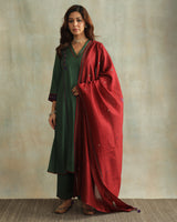 Pratha Green V-Neck Cotton-Silk Kurta With Soof Hand Embroidery