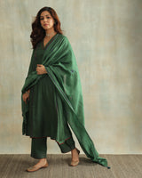 Pratha Green V-Neck Cotton-Silk Kurta With Soof Hand Embroidery