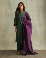 Pratha Green A-Line Cotton-Silk Kurta With Soof Hand Embroidery