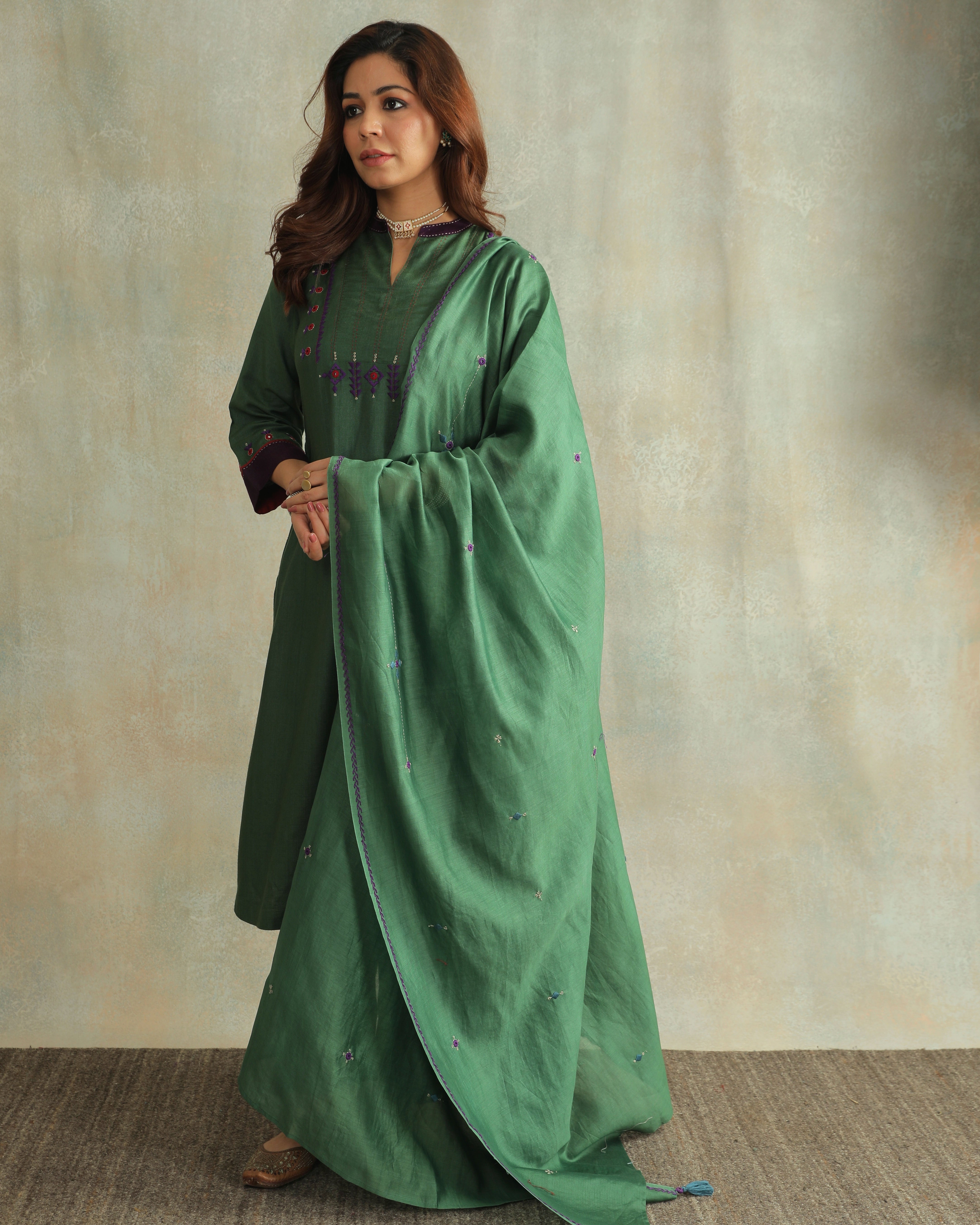 Pratha Green A-Line Cotton-Silk Kurta With Soof Hand Embroidery
