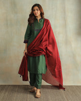 Pratha Green A-Line Cotton-Silk Kurta With Soof Hand Embroidery