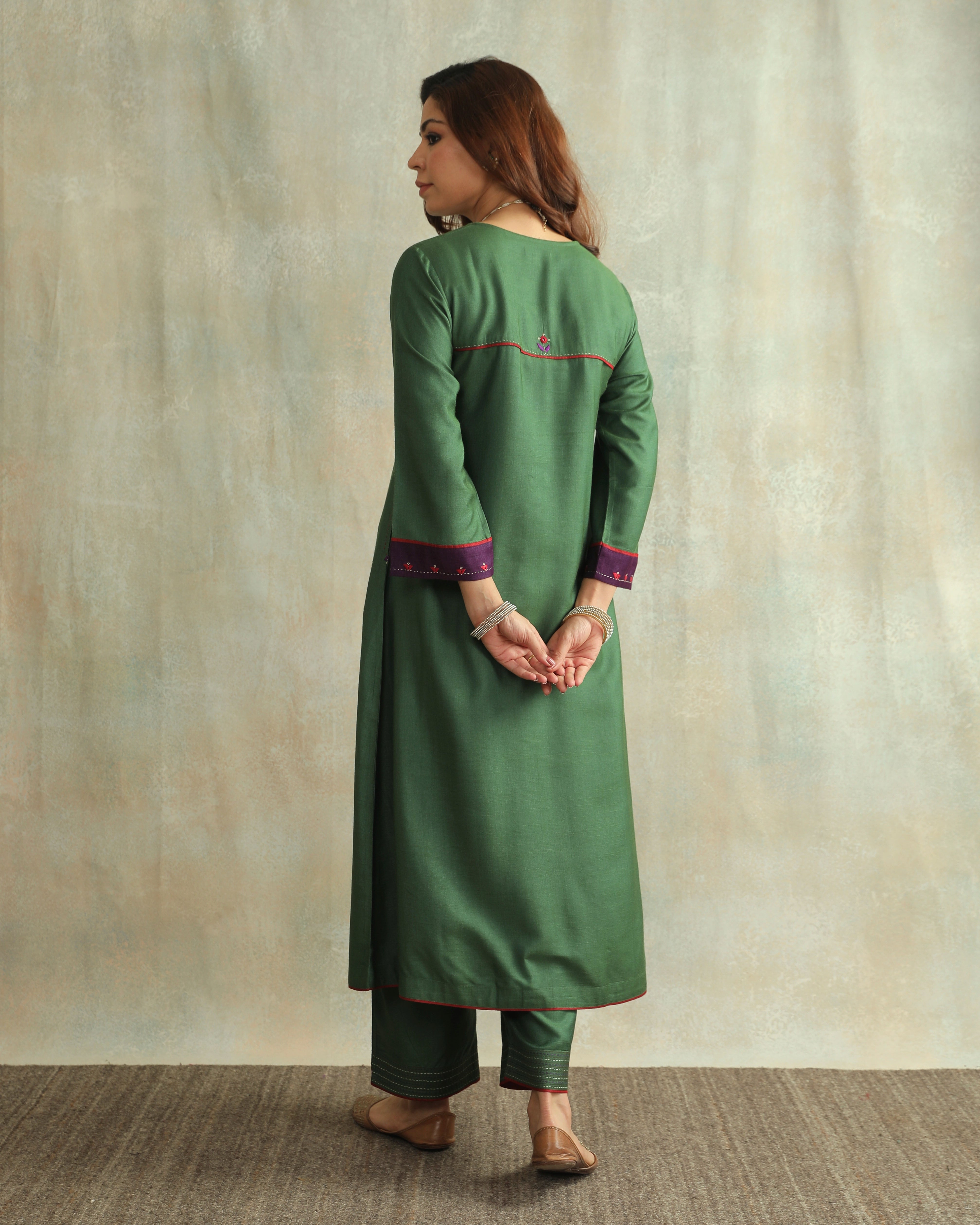 Pratha Green Flared Cotton-Silk Kurta With Soof Hand Embroidery