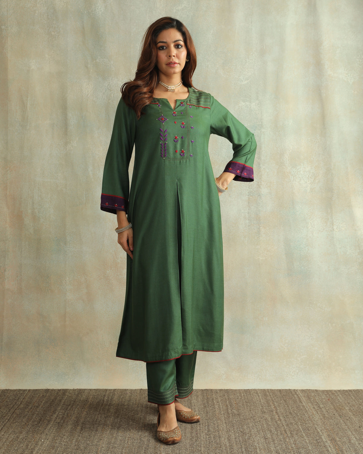 Pratha Green Flared Cotton-Silk Kurta With Soof Hand Embroidery