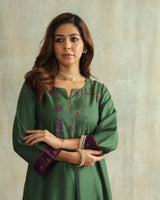 Pratha Green Flared Cotton-Silk Kurta With Soof Hand Embroidery