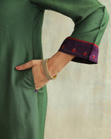 Pratha Green Flared Cotton-Silk Kurta With Soof Hand Embroidery