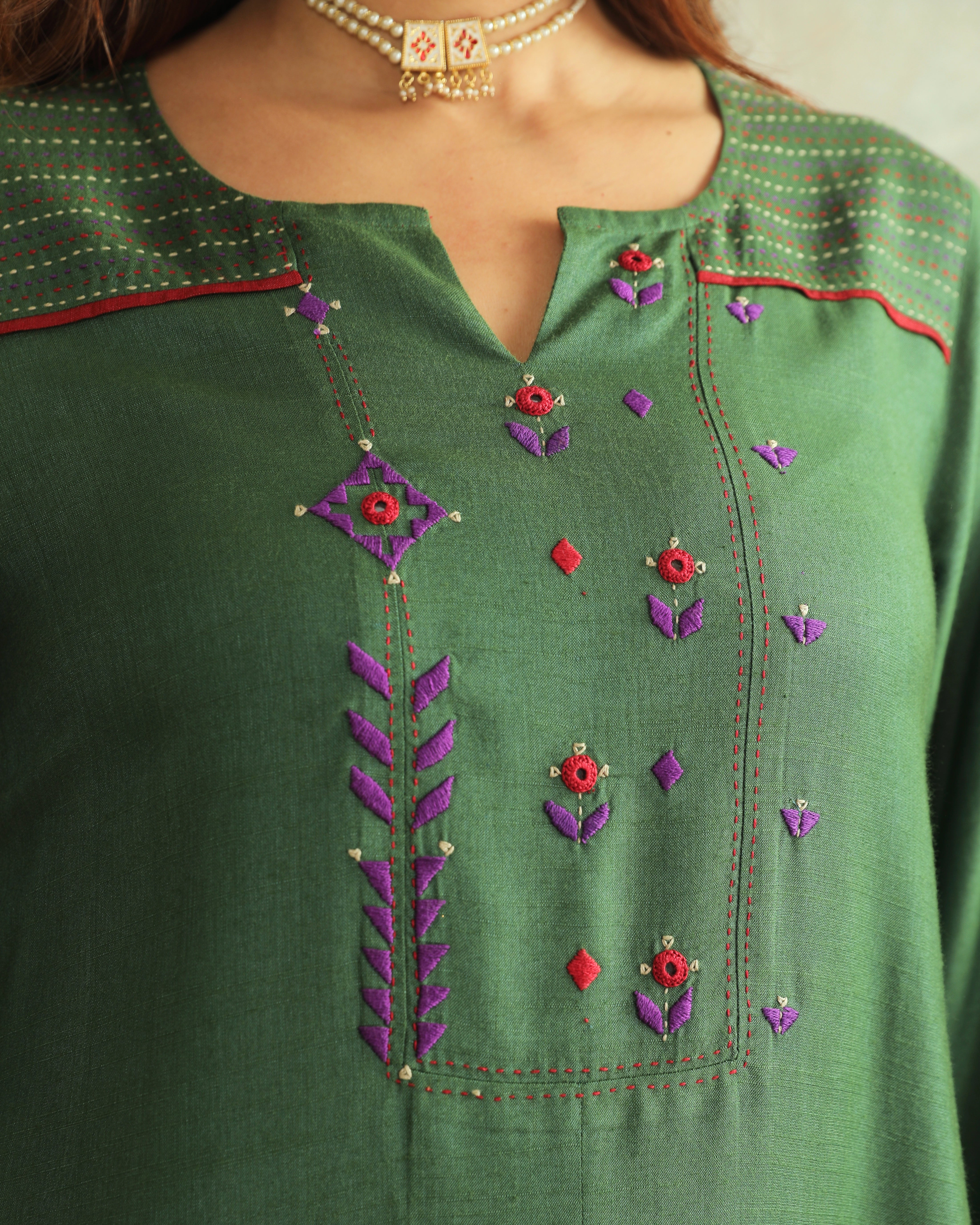 Pratha Green Flared Cotton-Silk Kurta With Soof Hand Embroidery