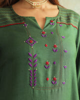 Pratha Green Flared Cotton-Silk Kurta With Soof Hand Embroidery