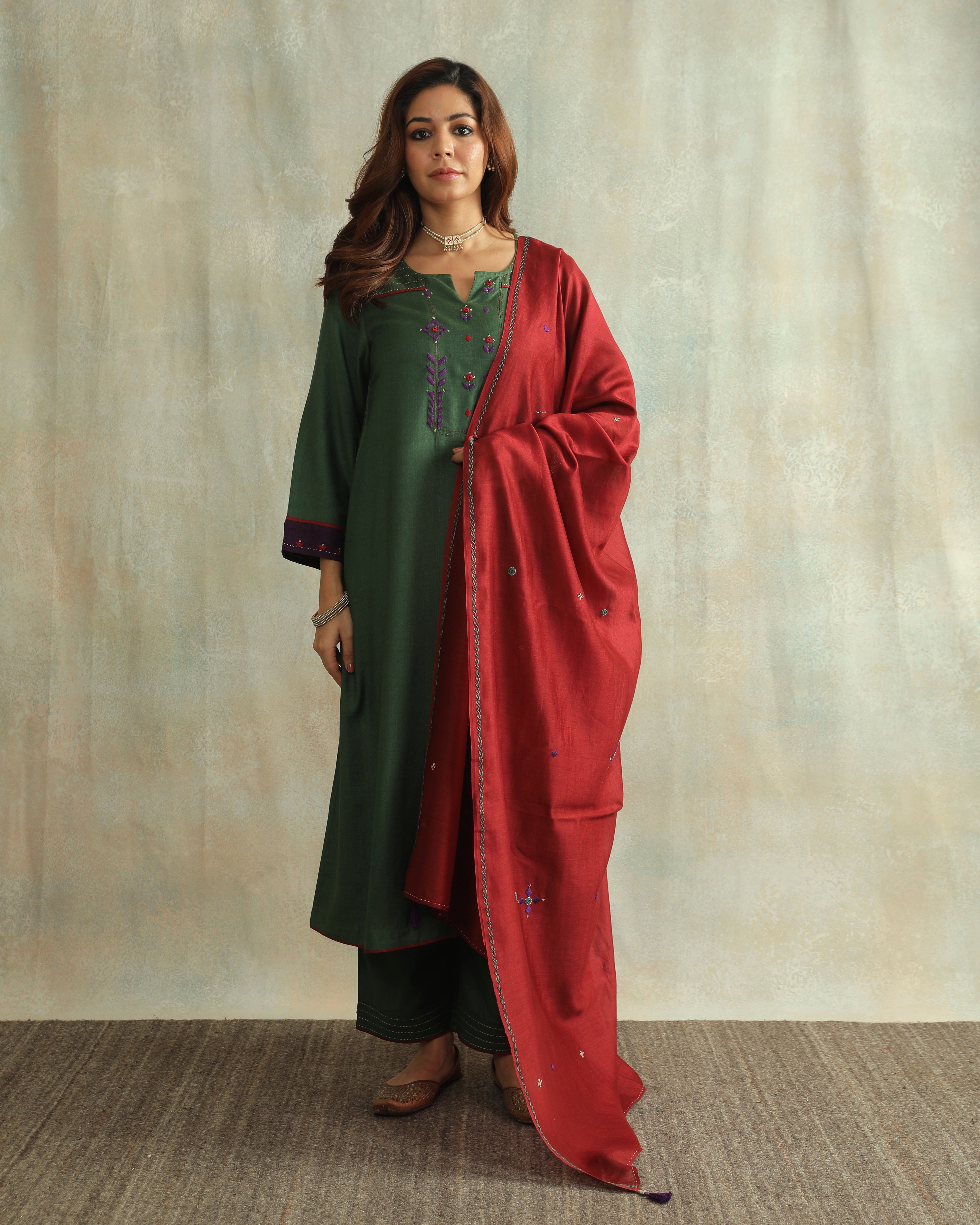 Pratha Green Flared Cotton-Silk Kurta With Soof Hand Embroidery