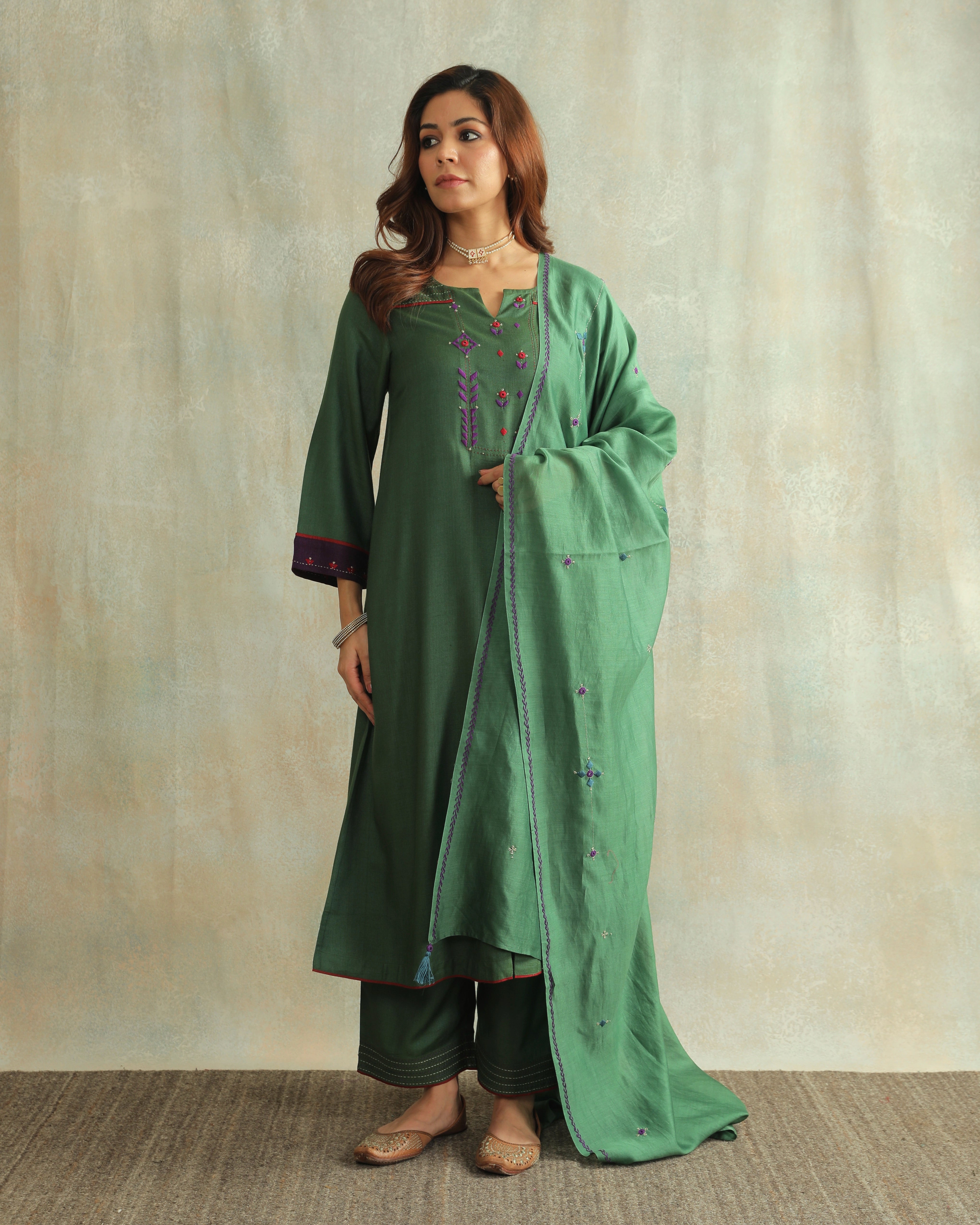 Pratha Green Flared Cotton-Silk Kurta With Soof Hand Embroidery