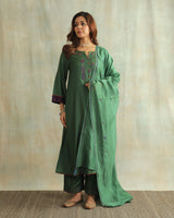 Pratha Green Flared Cotton-Silk Kurta With Soof Hand Embroidery