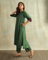 Pratha Green Round-Neck Cotton-Silk Kurta With Soof Hand Embroidery