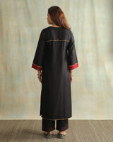 Pratha Black Flared Cotton-Silk Kurta With Soof Hand Embroidery