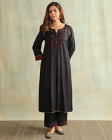 Pratha Black Flared Cotton-Silk Kurta With Soof Hand Embroidery