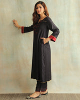 Pratha Black Flared Cotton-Silk Kurta With Soof Hand Embroidery
