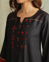 Pratha Black Flared Cotton-Silk Kurta With Soof Hand Embroidery