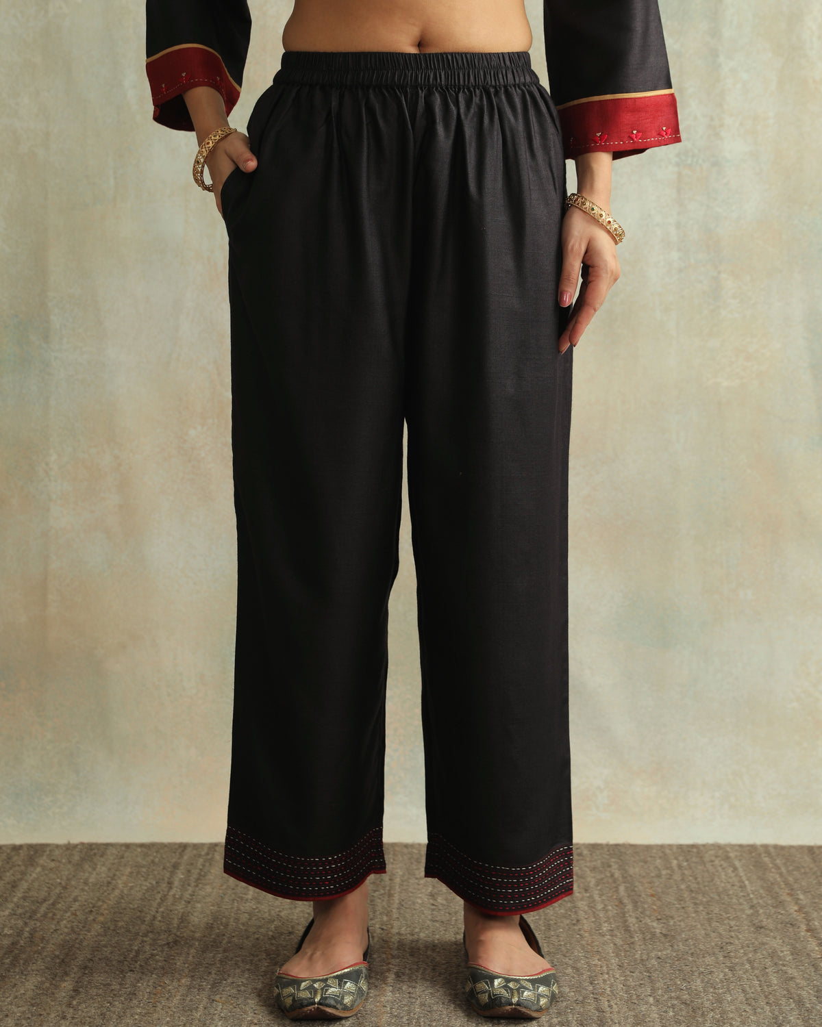 Pratha Black Straight-Fit Cotton Silk Pant With Soof Hand Embroidery