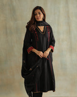 Pratha Black V-Neck Cotton-Silk Kurta With Soof Hand Embroidery