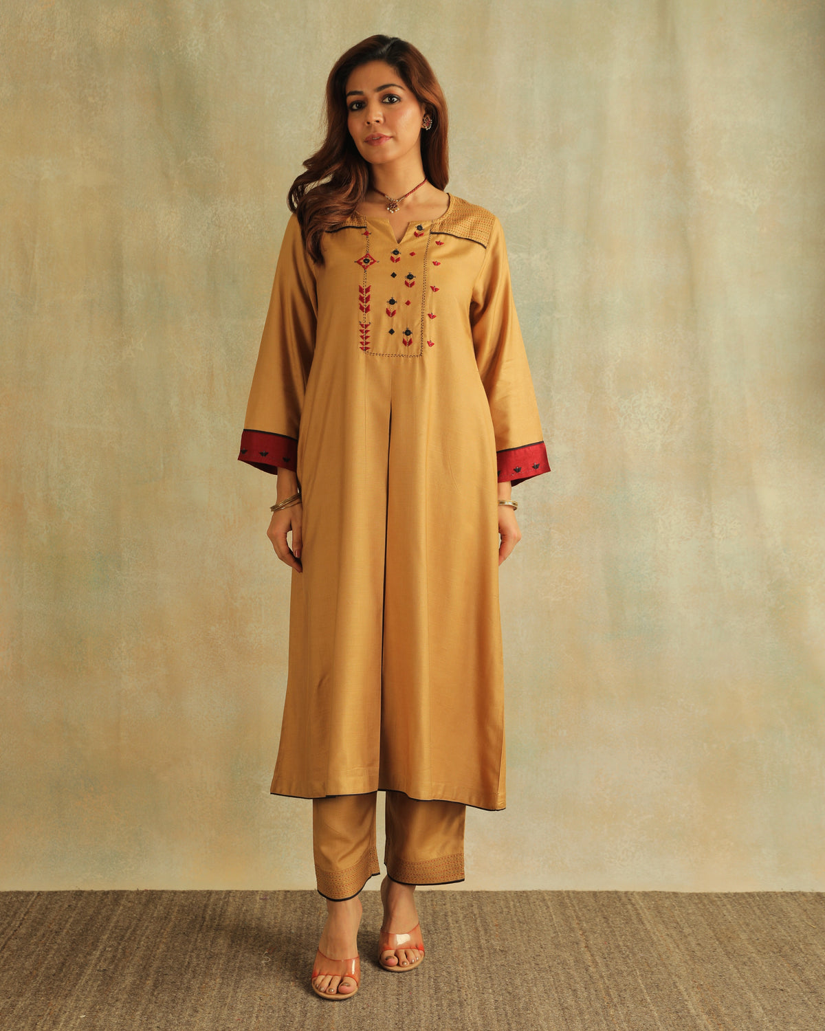 Pratha Badami Flared Cotton-Silk Kurta With Soof Hand Embroidery
