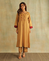 Pratha Badami Flared Cotton-Silk Kurta With Soof Hand Embroidery