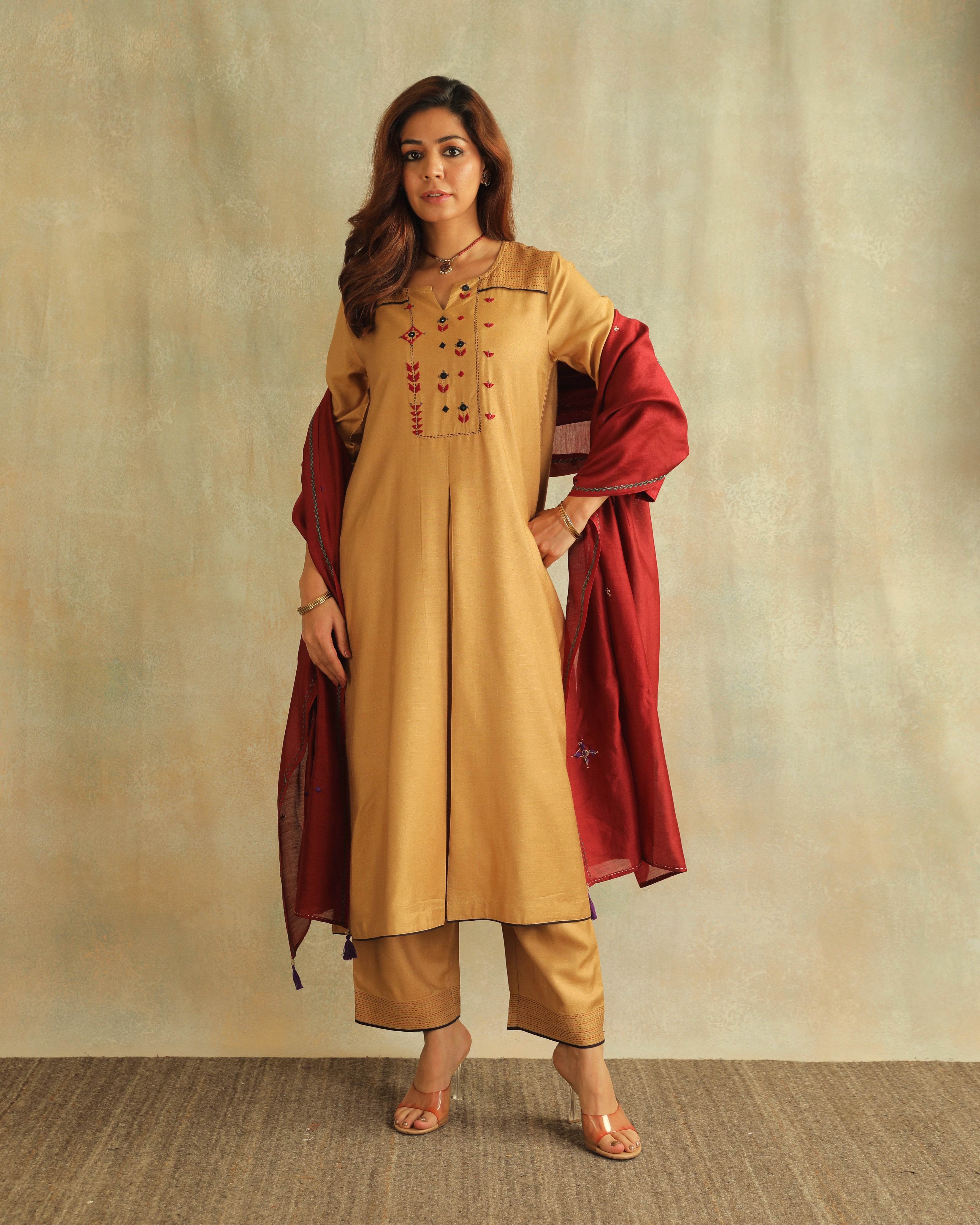 Pratha Badami Flared Cotton-Silk Kurta With Soof Hand Embroidery