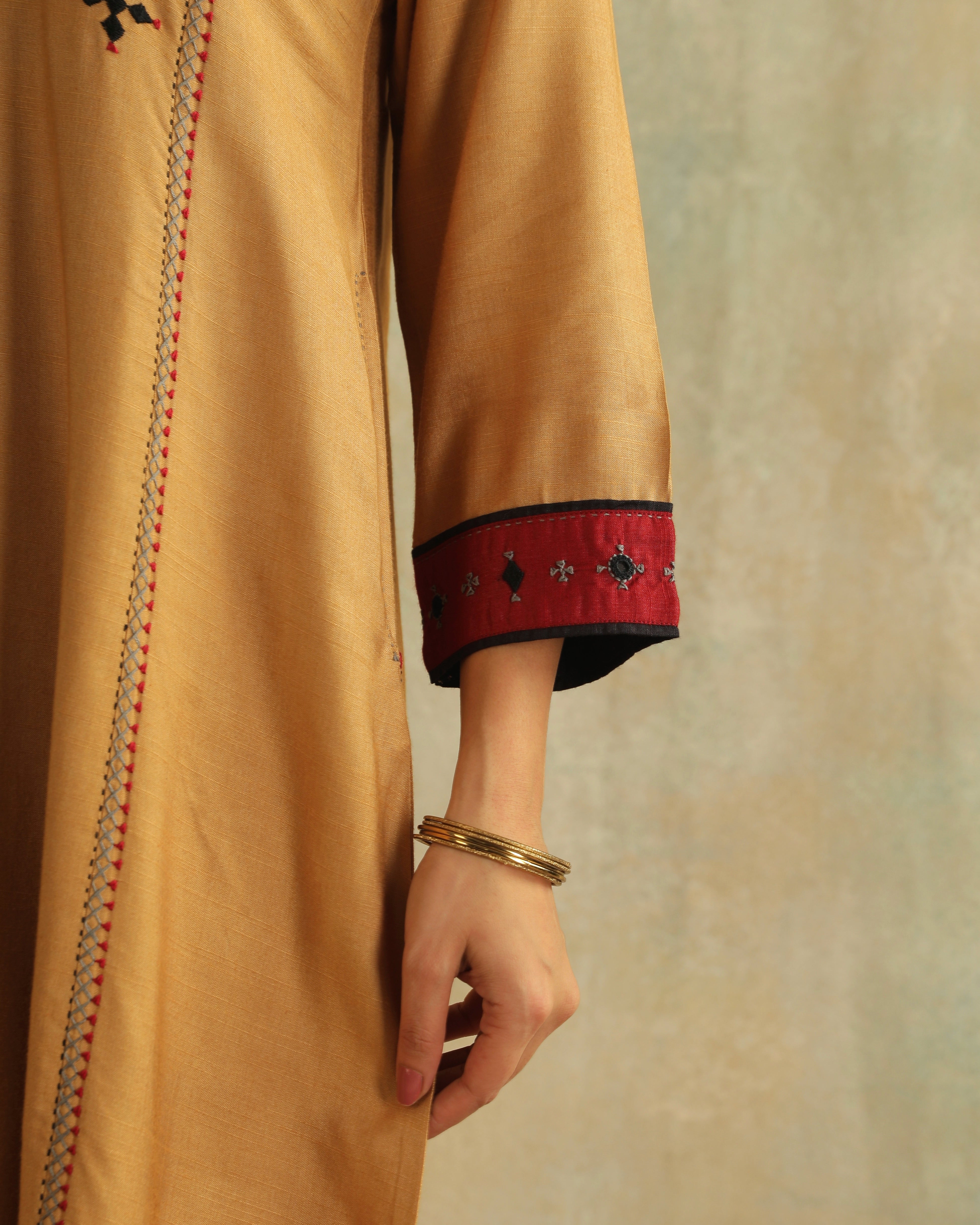 Pratha Badami V-Neck Cotton-Silk Kurta With Soof Hand Embroidery
