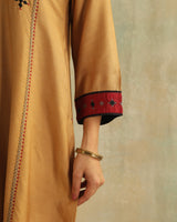 Pratha Badami V-Neck Cotton-Silk Kurta With Soof Hand Embroidery