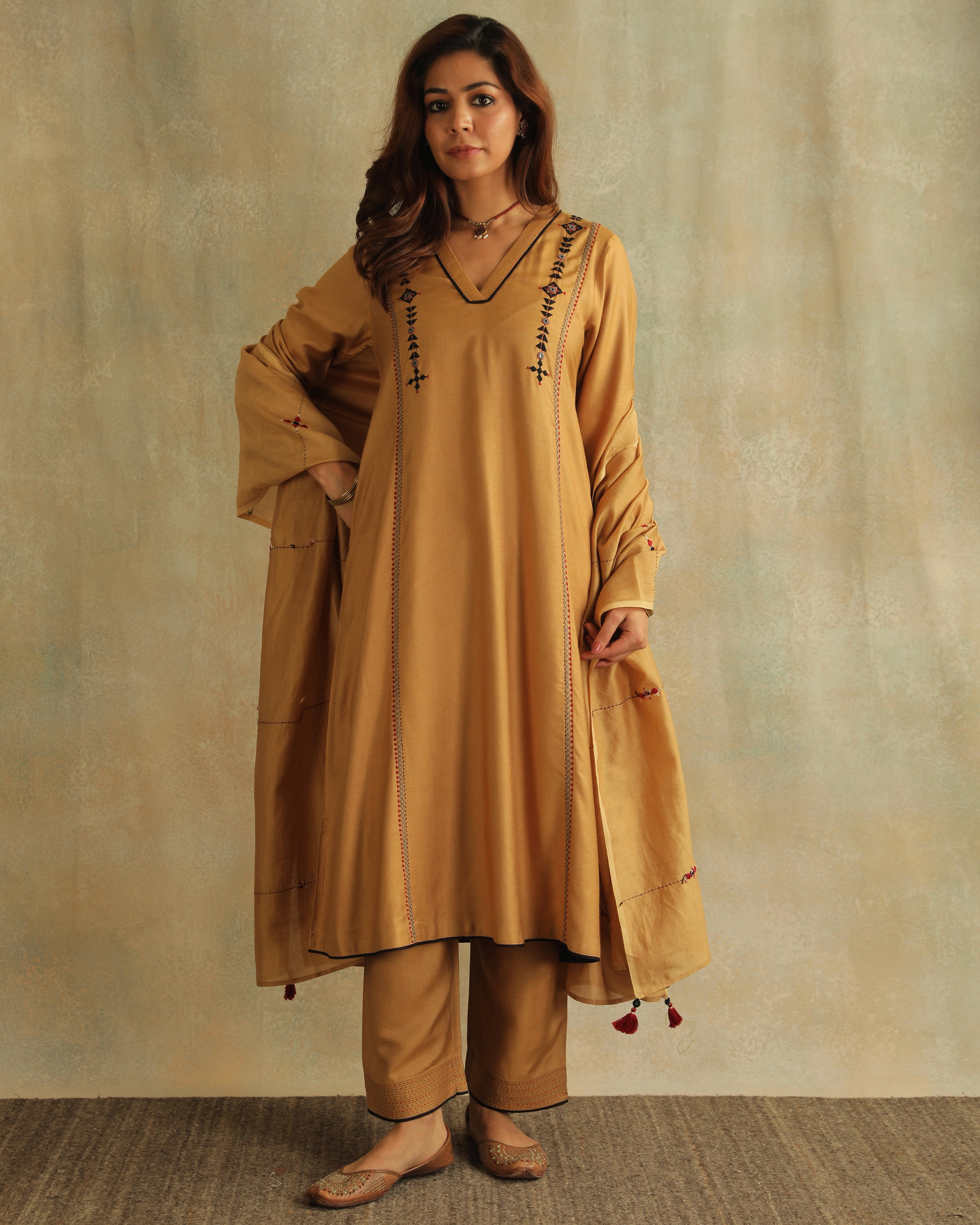 Pratha Badami V-Neck Cotton-Silk Kurta With Soof Hand Embroidery
