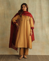 Pratha Badami V-Neck Cotton-Silk Kurta With Soof Hand Embroidery