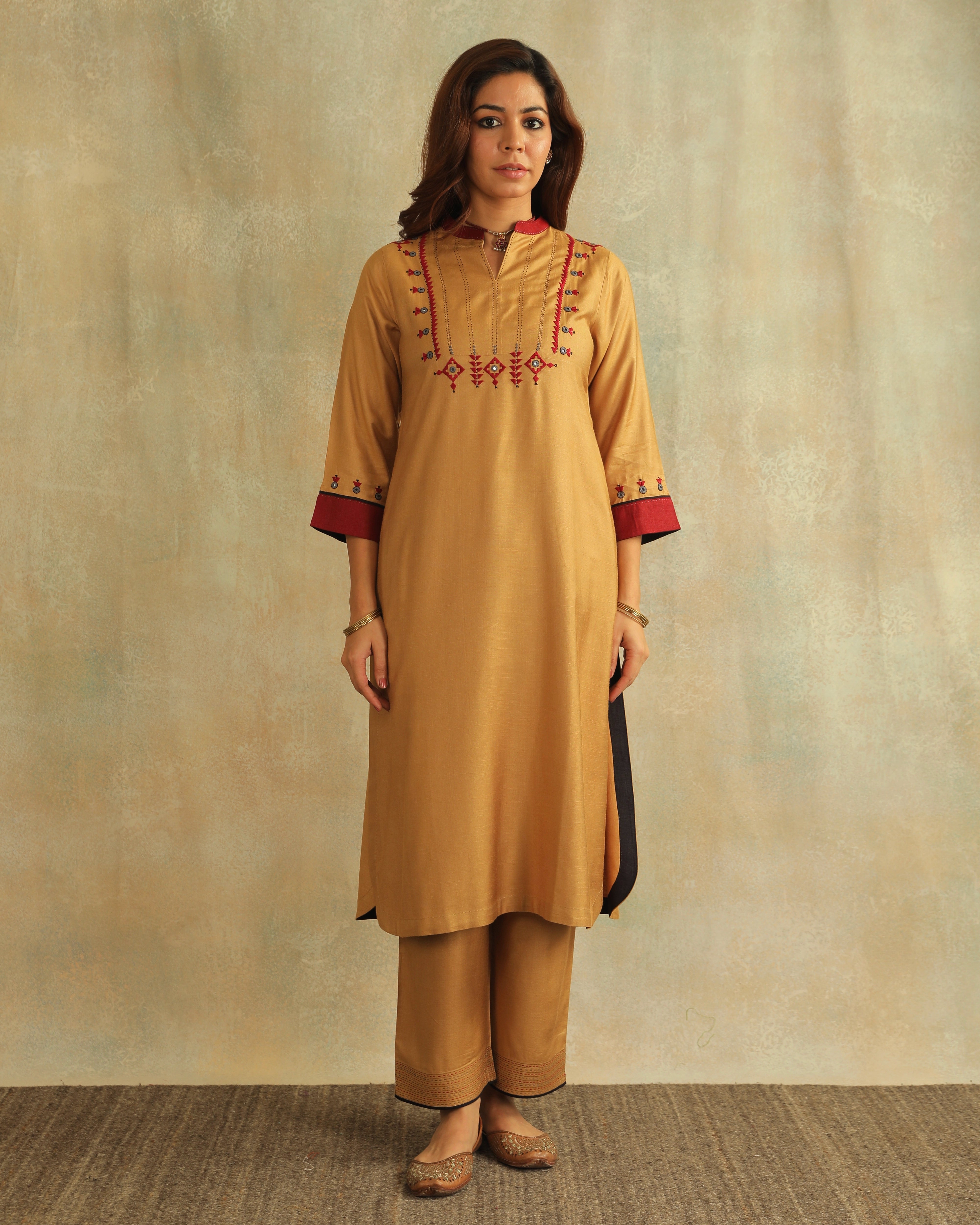 Pratha Badami A-Line Cotton-Silk Kurta With Soof Hand Embroidery