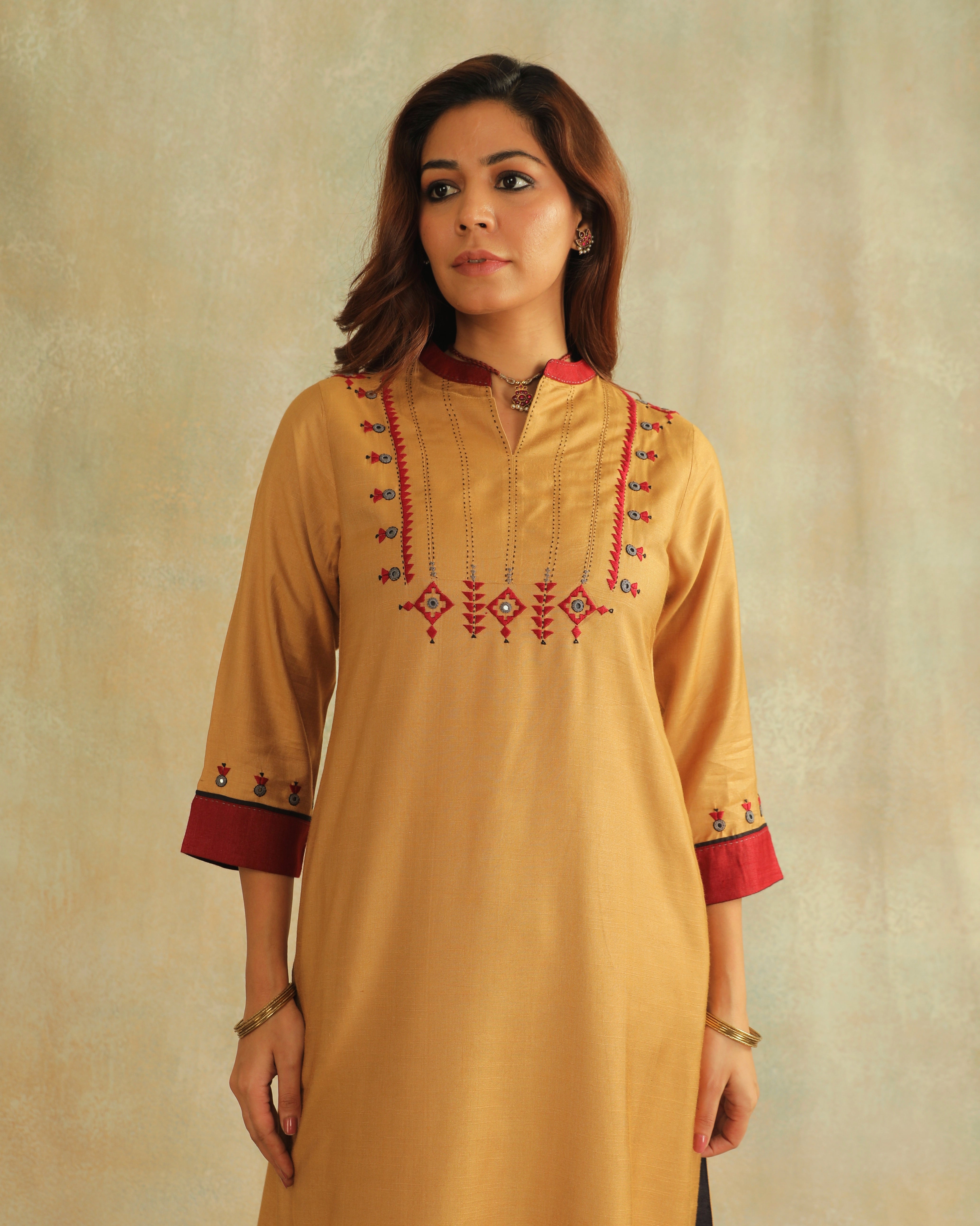 Pratha Badami A-Line Cotton-Silk Kurta With Soof Hand Embroidery