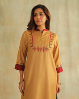 Pratha Badami A-Line Cotton-Silk Kurta With Soof Hand Embroidery
