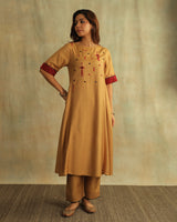 Pratha Badami Round-Neck Cotton-Silk Kurta With Soof Hand Embroidery