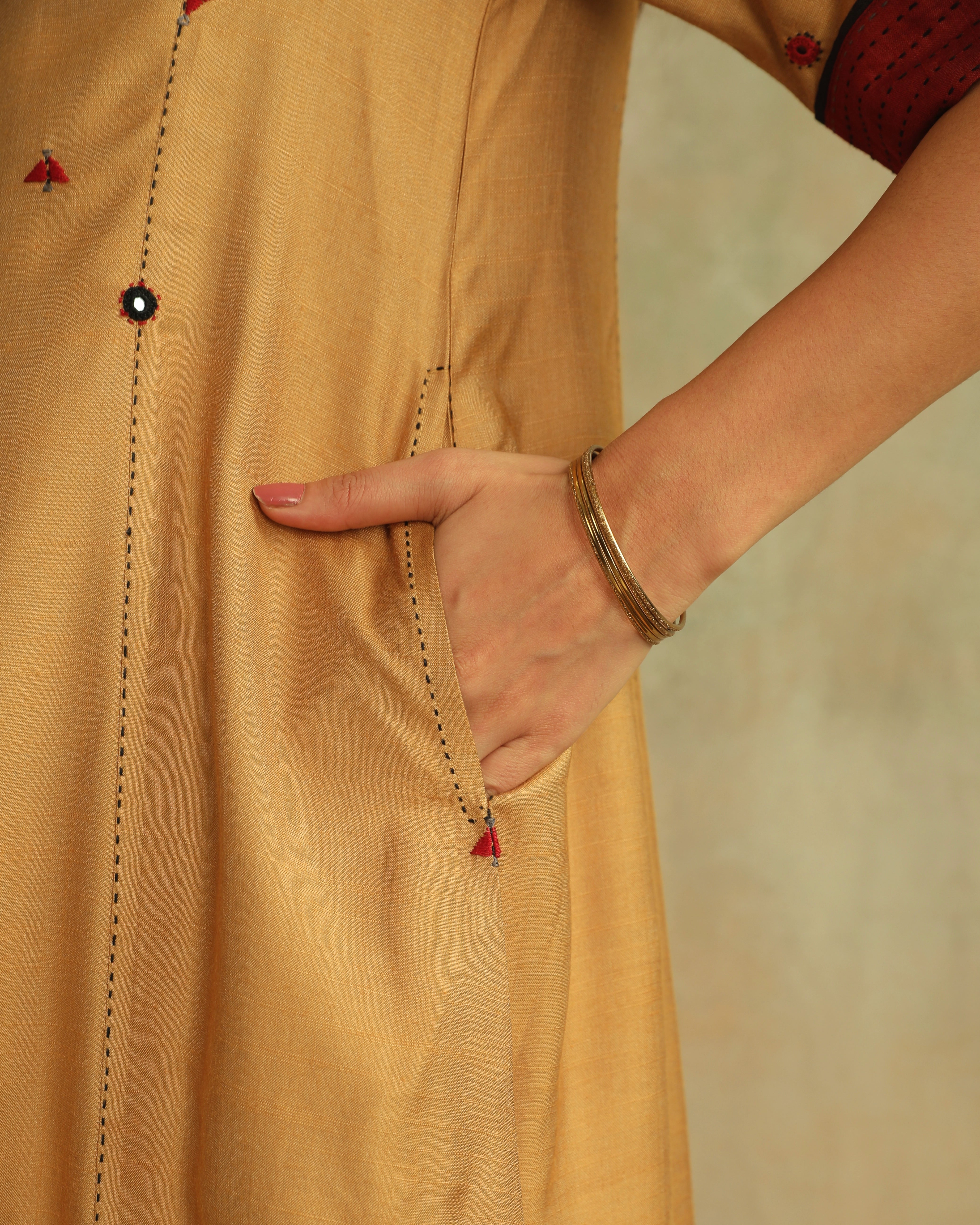 Pratha Badami Round-Neck Cotton-Silk Kurta With Soof Hand Embroidery