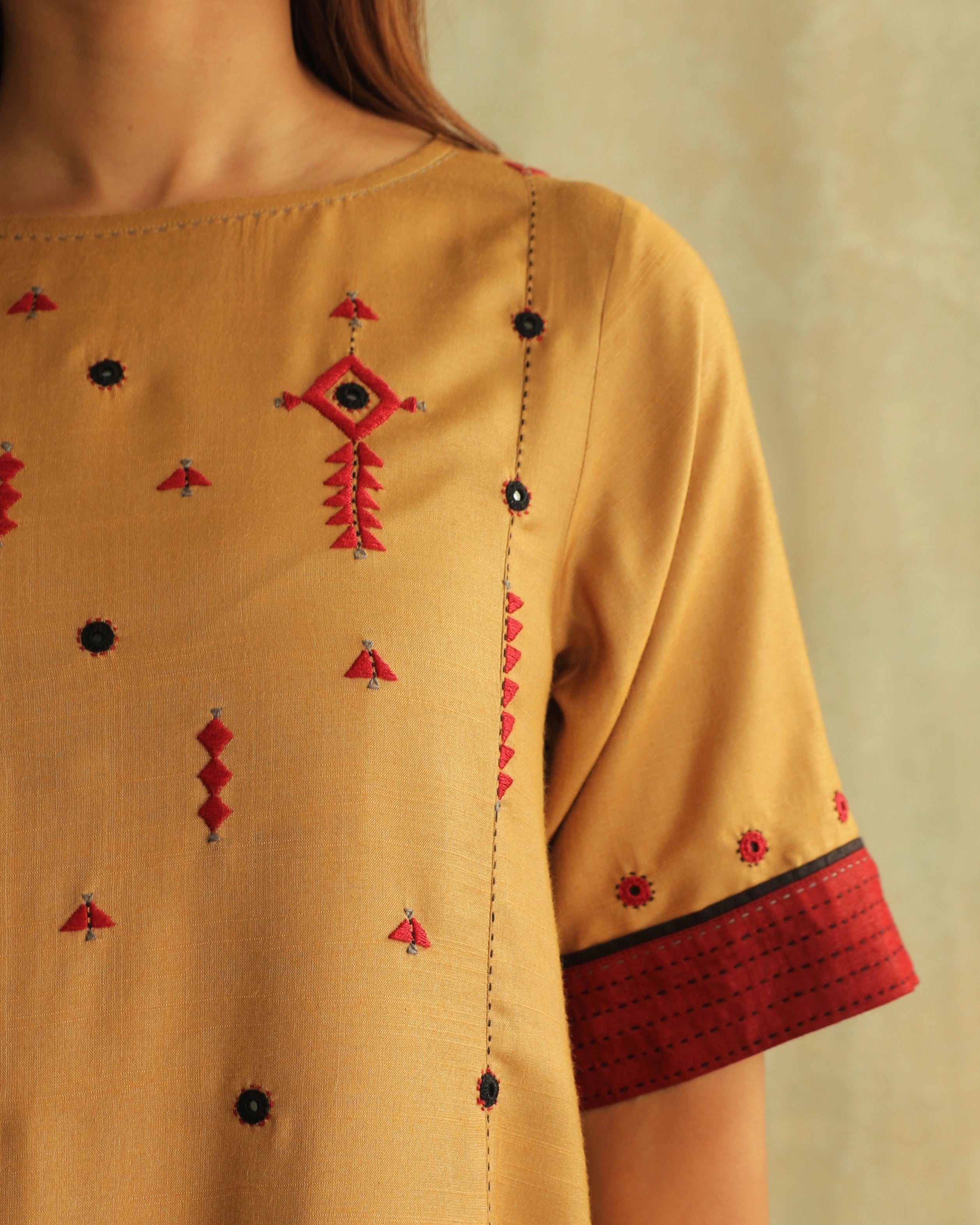Pratha Badami Round-Neck Cotton-Silk Kurta With Soof Hand Embroidery