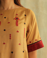 Pratha Badami Round-Neck Cotton-Silk Kurta With Soof Hand Embroidery