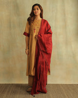 Pratha Badami Round-Neck Cotton-Silk Kurta With Soof Hand Embroidery